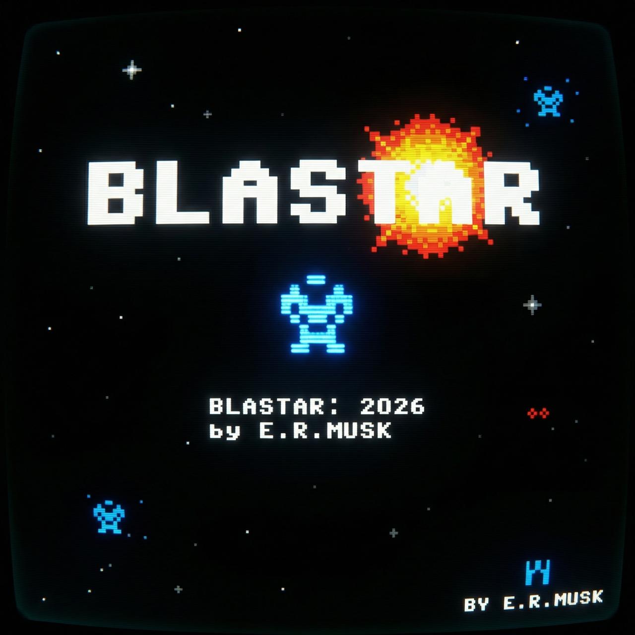BLASTAR title screen: pixel-art ship under an explosion
